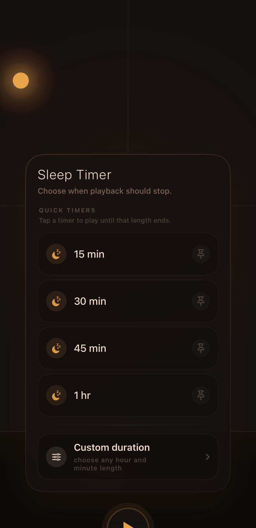The Sleep Timer menu on iPad over the mixer, with quick choices for 15, 30, and 45 minutes or one hour, pin controls, and Custom duration.