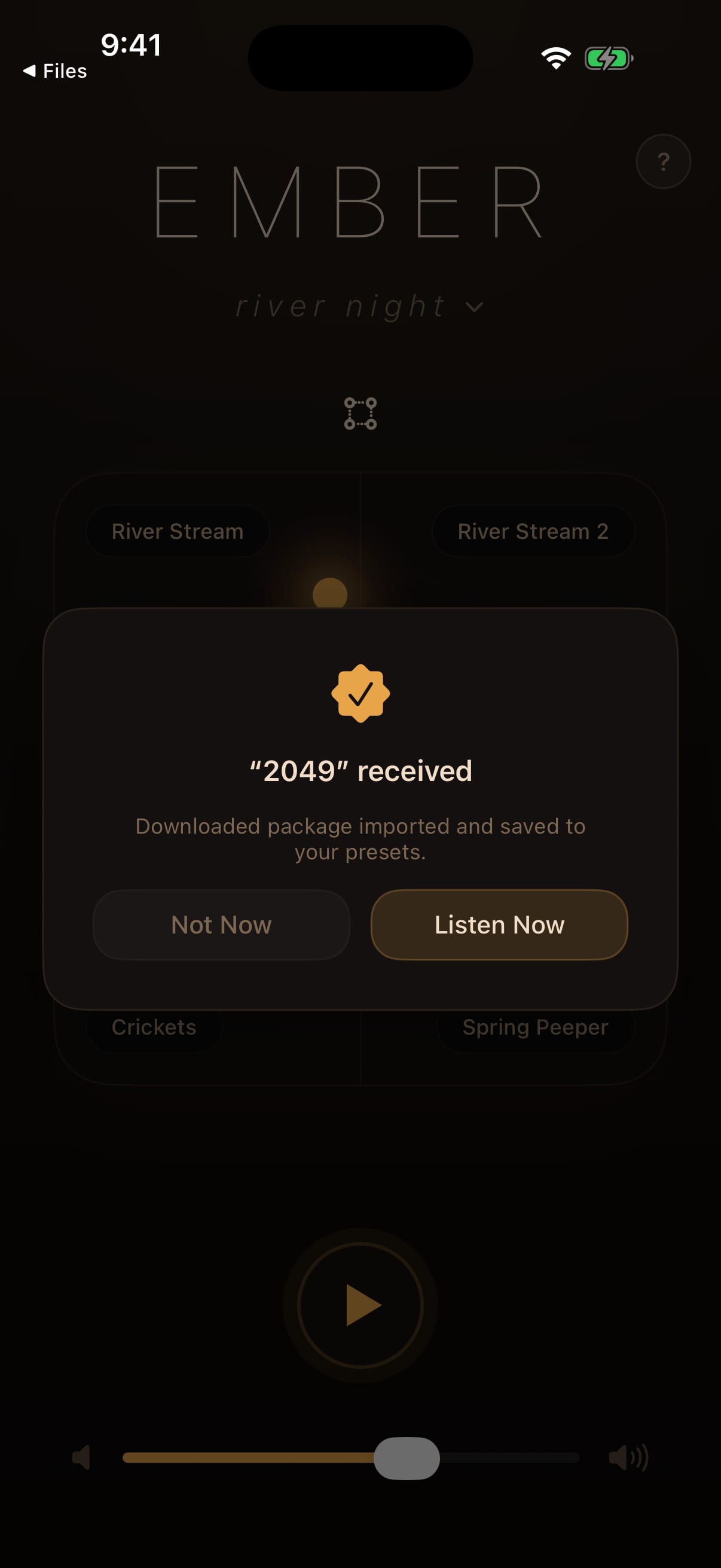 Ember Noise on iPhone confirming that the 2049 package was verified, imported, and saved to presets, with Not Now and Listen Now buttons.