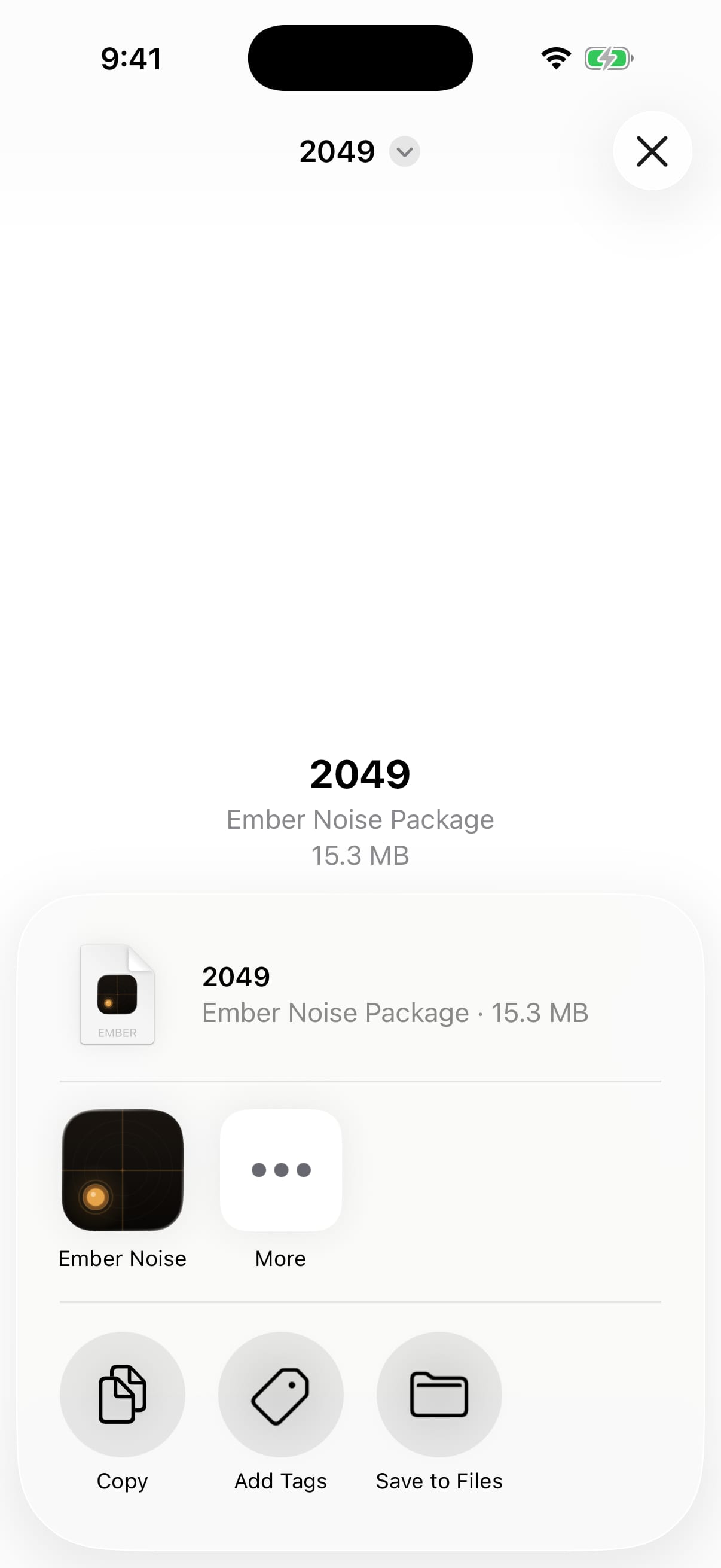 The iPhone share sheet for a 2049 Ember Noise Package with Ember Noise shown as the first destination.