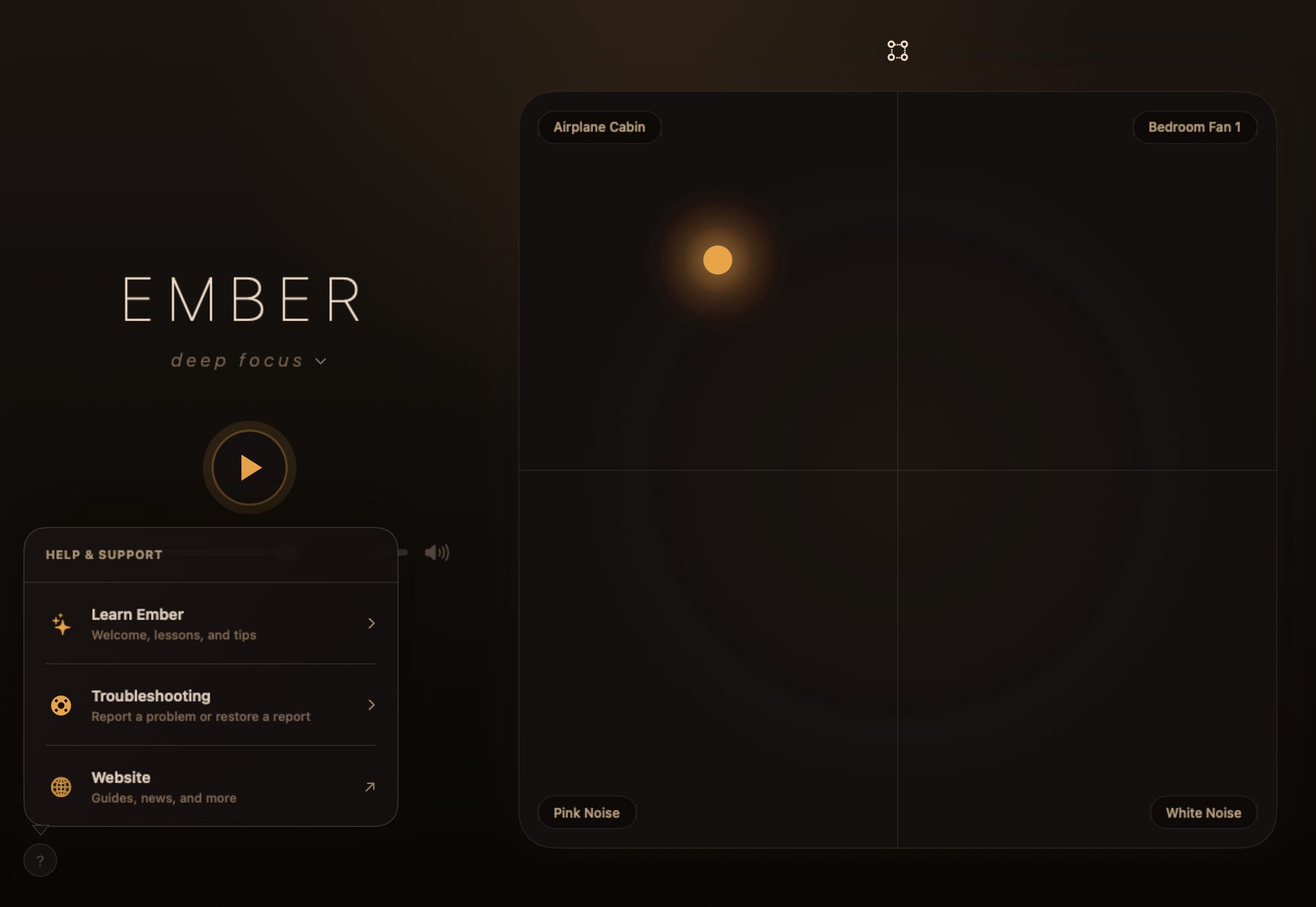 The current Help & Support menu on Mac with Learn Ember, Tips & Tricks, and Troubleshooting beside the mixer.