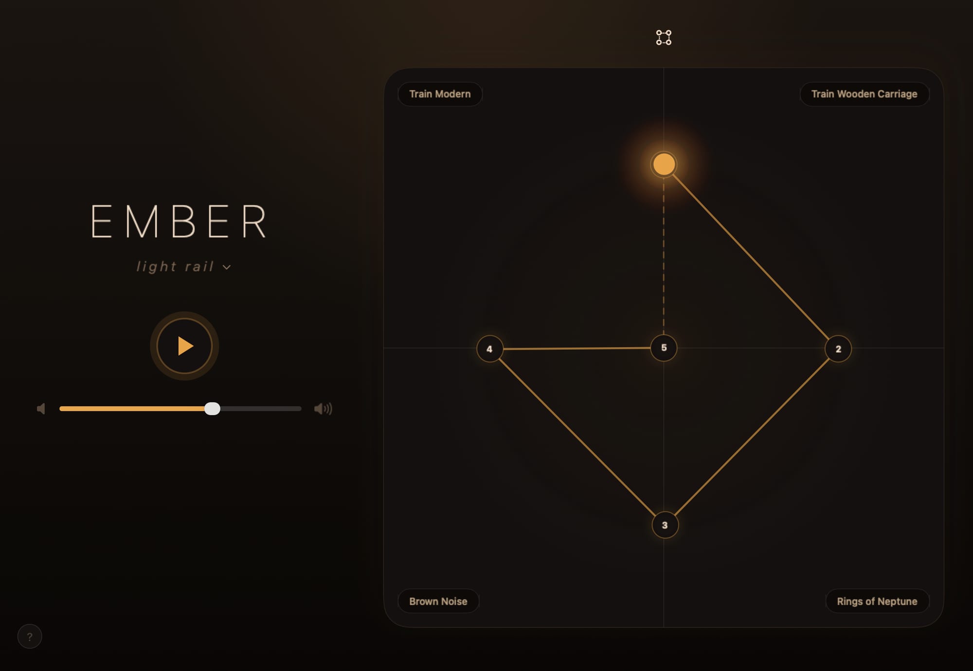 The native Ember Noise Mac mixer with the Light Rail preset loaded, combining Train Modern, Train Wooden Carriage, Brown Noise, and Rings of Neptune around the glowing ember.