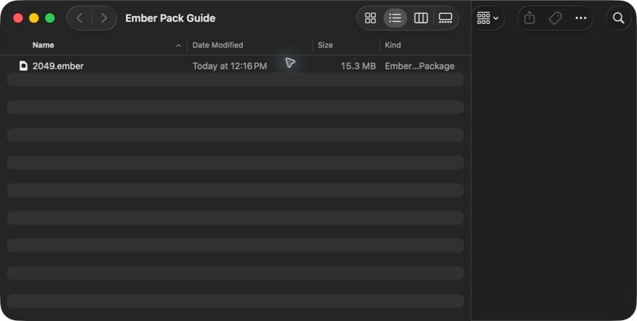 A Mac Finder window in list view showing 2049.ember with the kind Ember Noise Package.