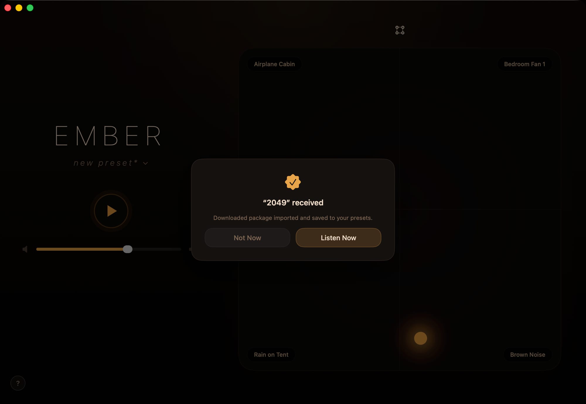 Ember Noise on Mac confirming that the 2049 package was verified, imported, and saved to presets, with Not Now and Listen Now buttons.