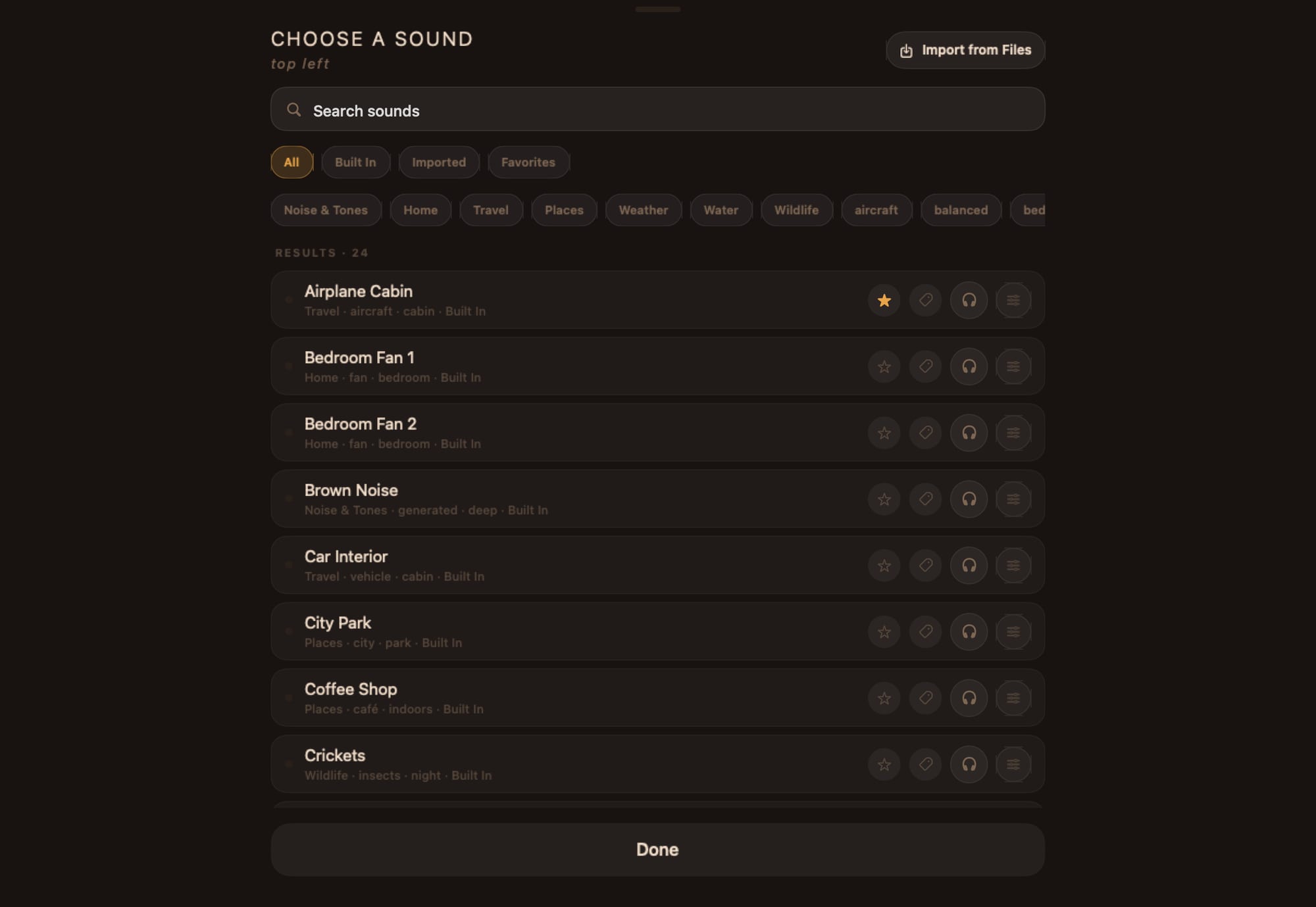 The current sound library on Mac with search, source and tag filters, 24 built-in results, favorites, tags, hold-to-audition controls, EQ, and Import from Files.